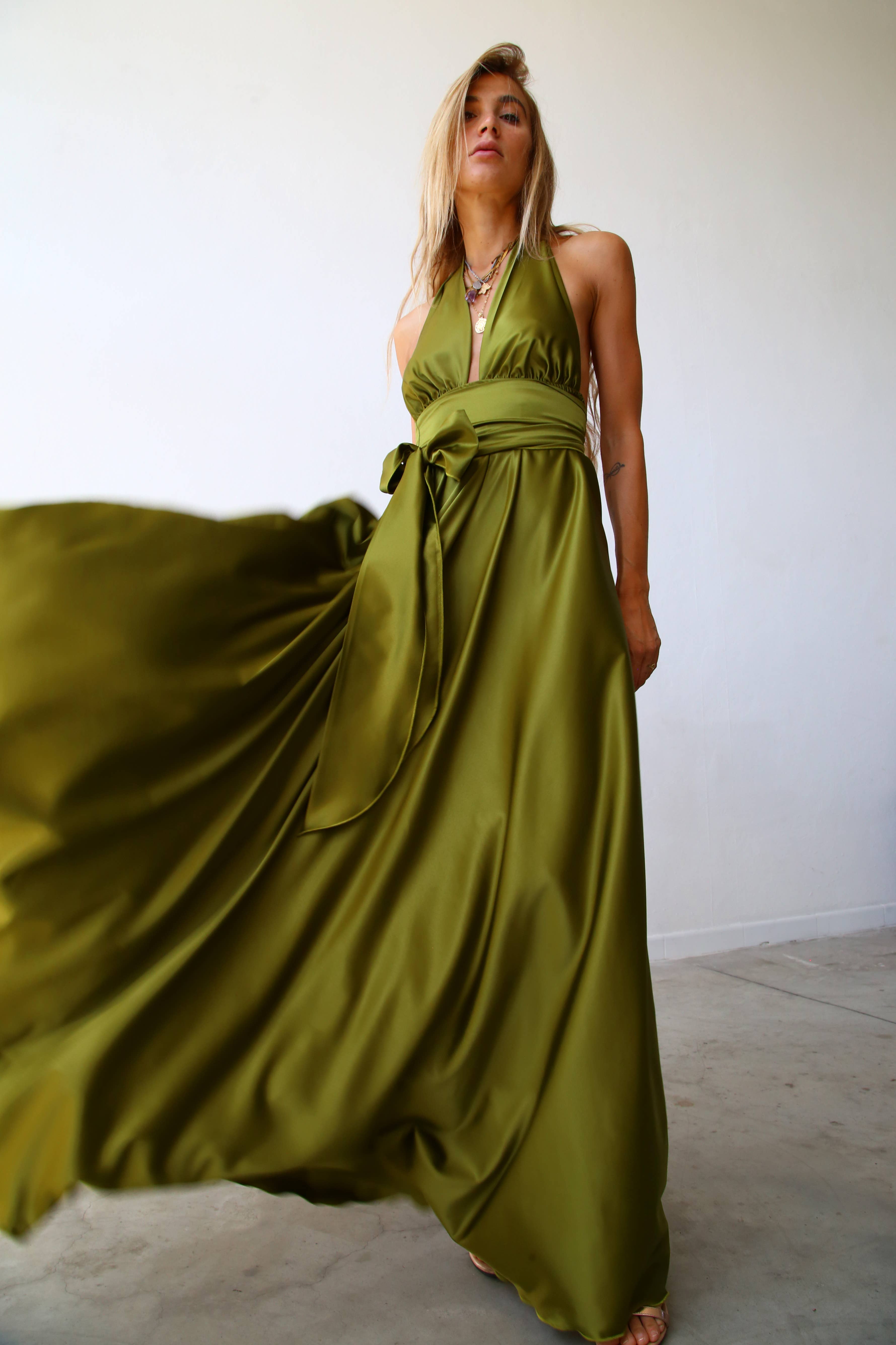 P3169 LONG MARILYN DRESS WITH FLARED SKIRT AND OLIVE GREEN BELT for wholesale on Faire0