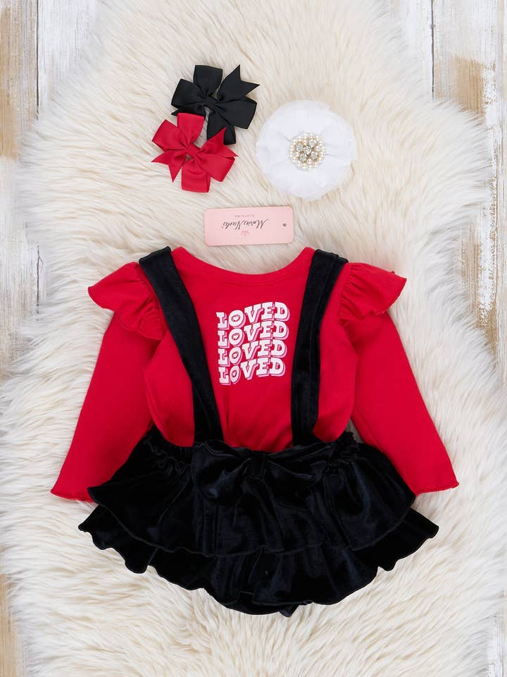 Red & Black Velvet "Loved" Overalls Set for wholesale by Marie Nicole Clothing