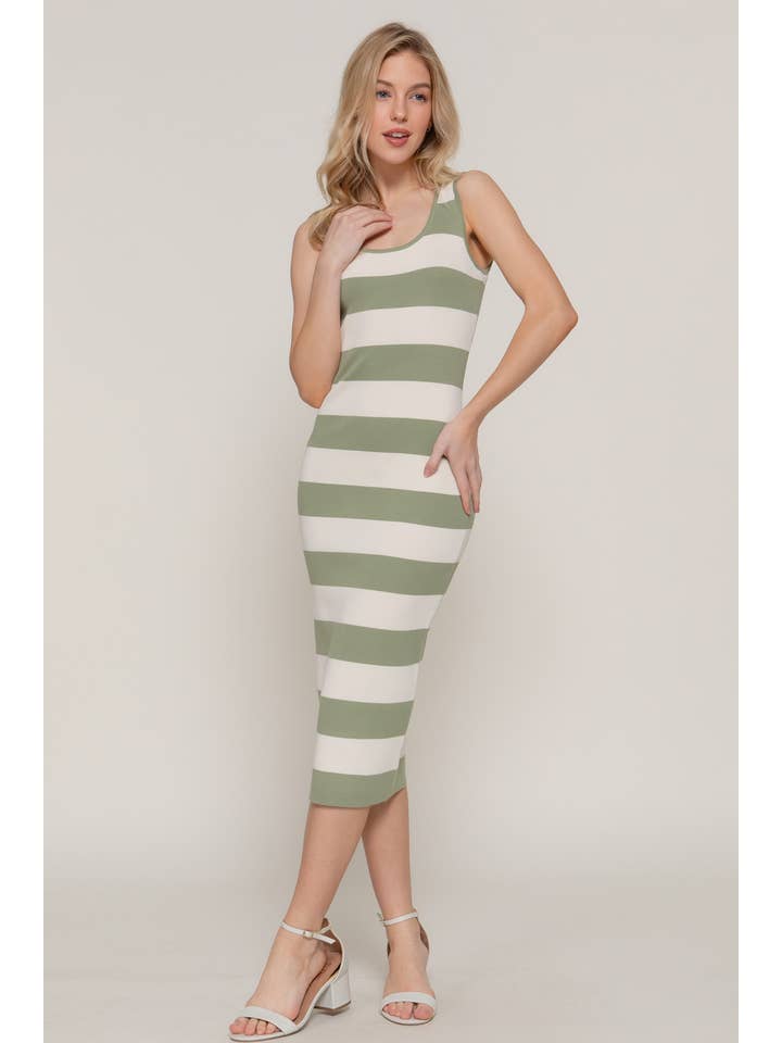 Active Basic | Active USA - Wholesale Dress - Women's - Sleeveless Double Scoop Neck Bold Striped Sweater Midi Dress