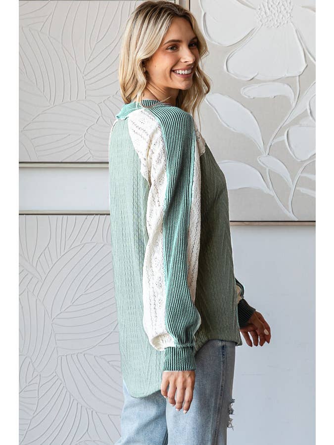 7th Ray - Wholesale Knit Top - Women's - Cable Knit Color Block V Neck Long Sleeve Top T5694
