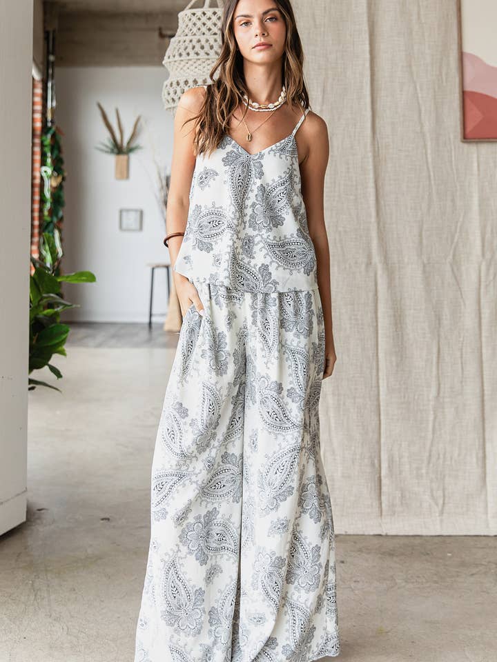CREAM BLACK PAISLEY PRINT CAMI AND PANTS SET for wholesale on Faire