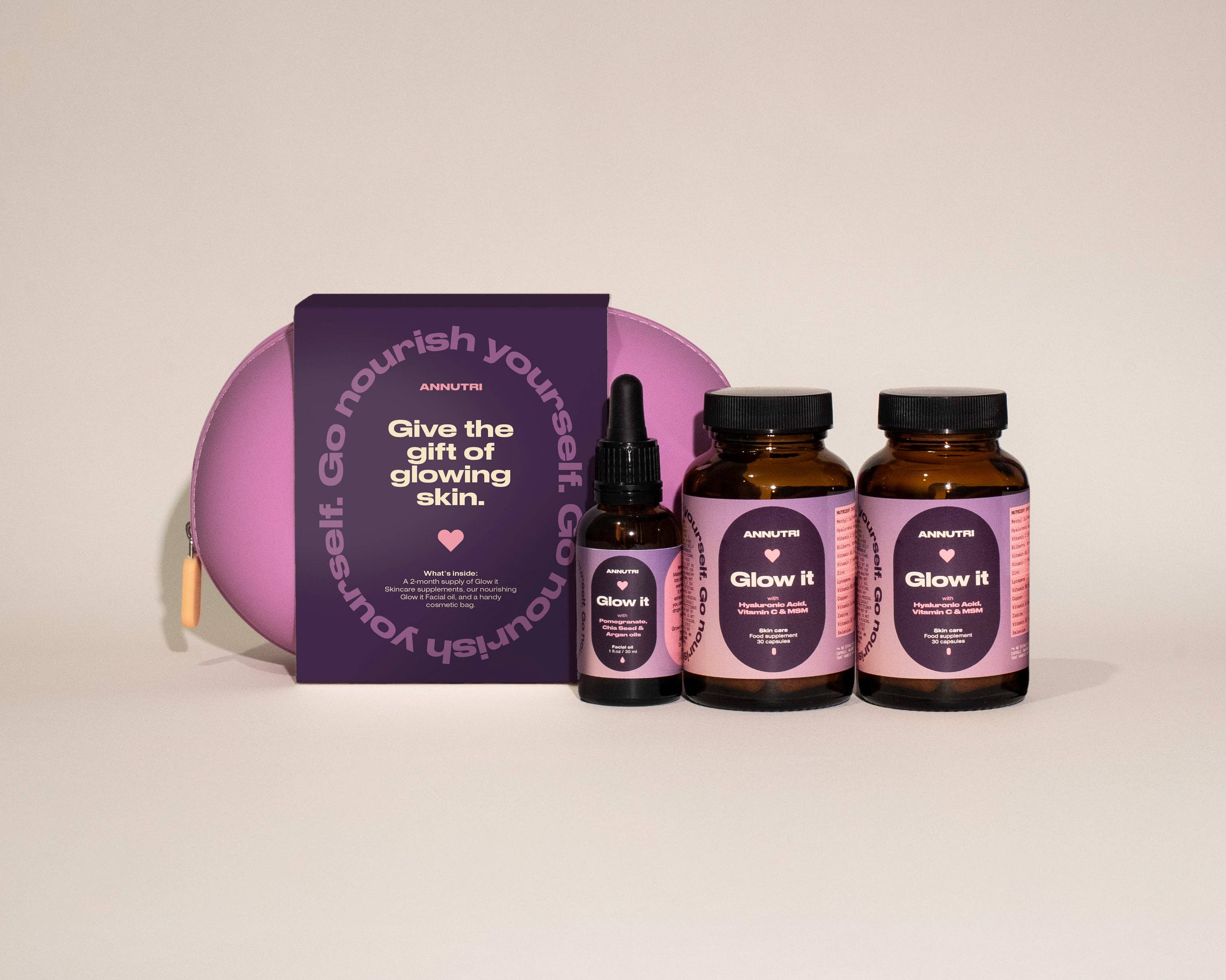 Annutri - Wholesale Facial Oil - Annutri Glow it Gift Set - 2 × Glow It supplements + Facial Glow Oil + premium cosmetic bag1