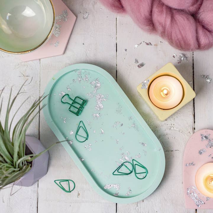 Nine Angels - Wholesale Jewelry Dish - Jesmonite oval trinket tray, pastel green with silver leaf2