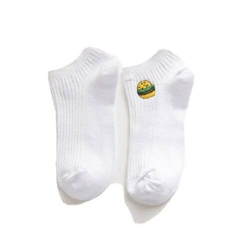 Burger Embroidered White Socks for wholesale by Fleur de lys collections