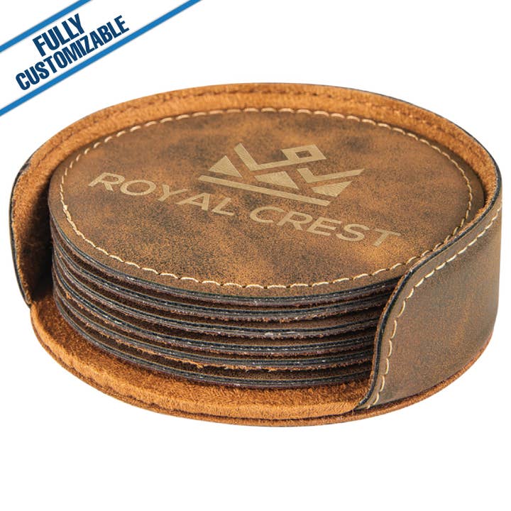 GiftWorksPlus - Wholesale Coasters - Engraved Leatherette Round Coasters - Fully Customizable24