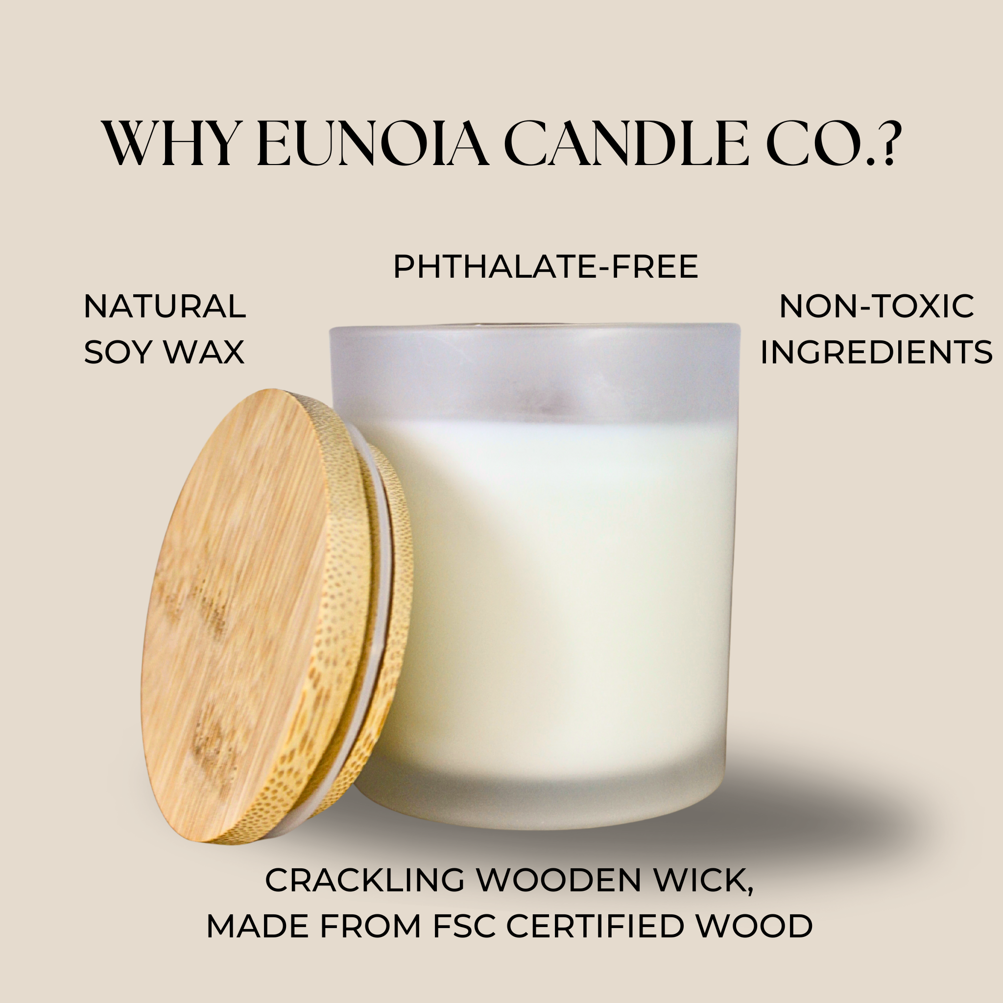 Eunoia Candle Co. - Wholesale Jar/Filled Candle - White Label Soy Candle (Unbranded) 8 oz Glass Jar+ Wood Wick8