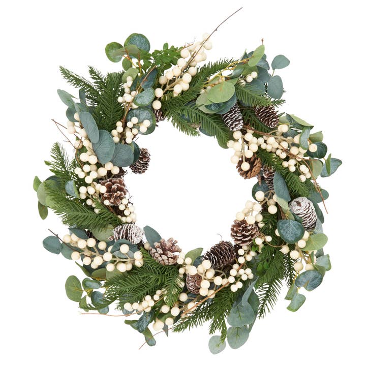Frosted Pinecone Eucalyptus Winter Berry 26" Wreath for wholesale by Fennco Styles