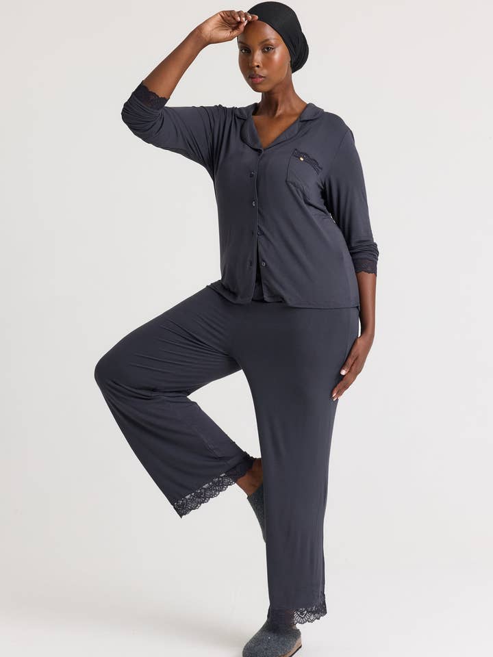 Bamboo Lace Long Pyjama Set in Raven for wholesale by Pretty You London