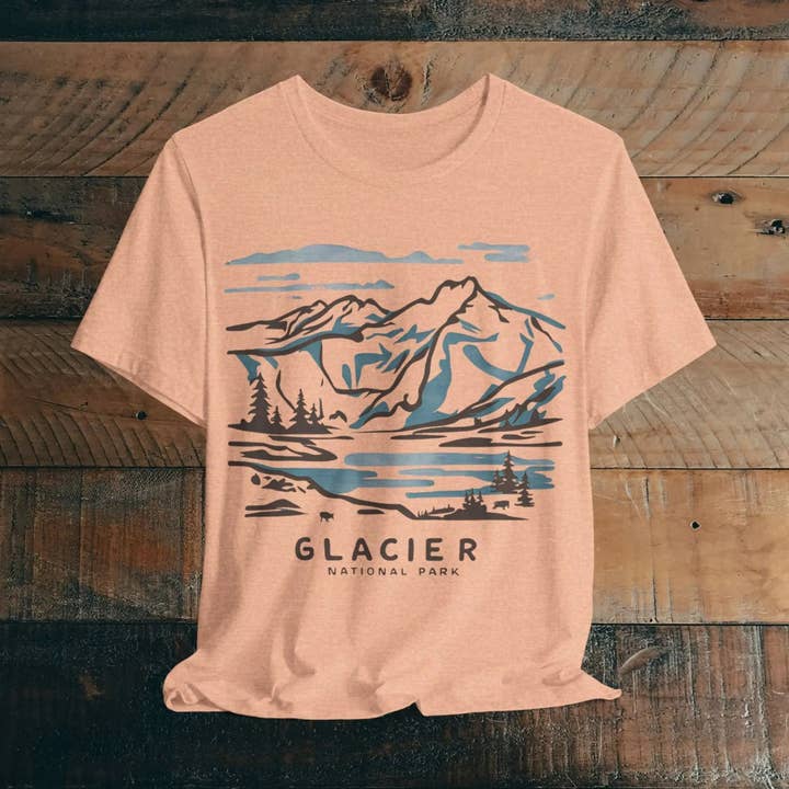 T-shirt doux unisexe Glacier National Park Art linéaire aquarelle pour la vente par Park Service Apparel