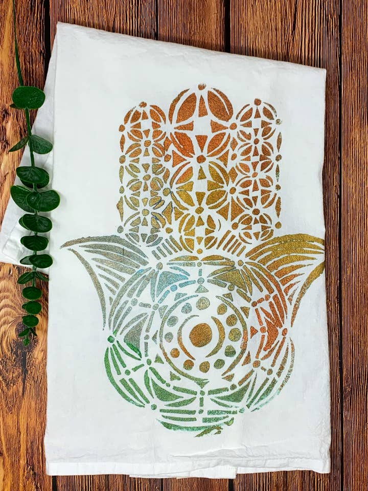 Hamsa Hand Painted Dish Towel for wholesale by Third Wolf Designs