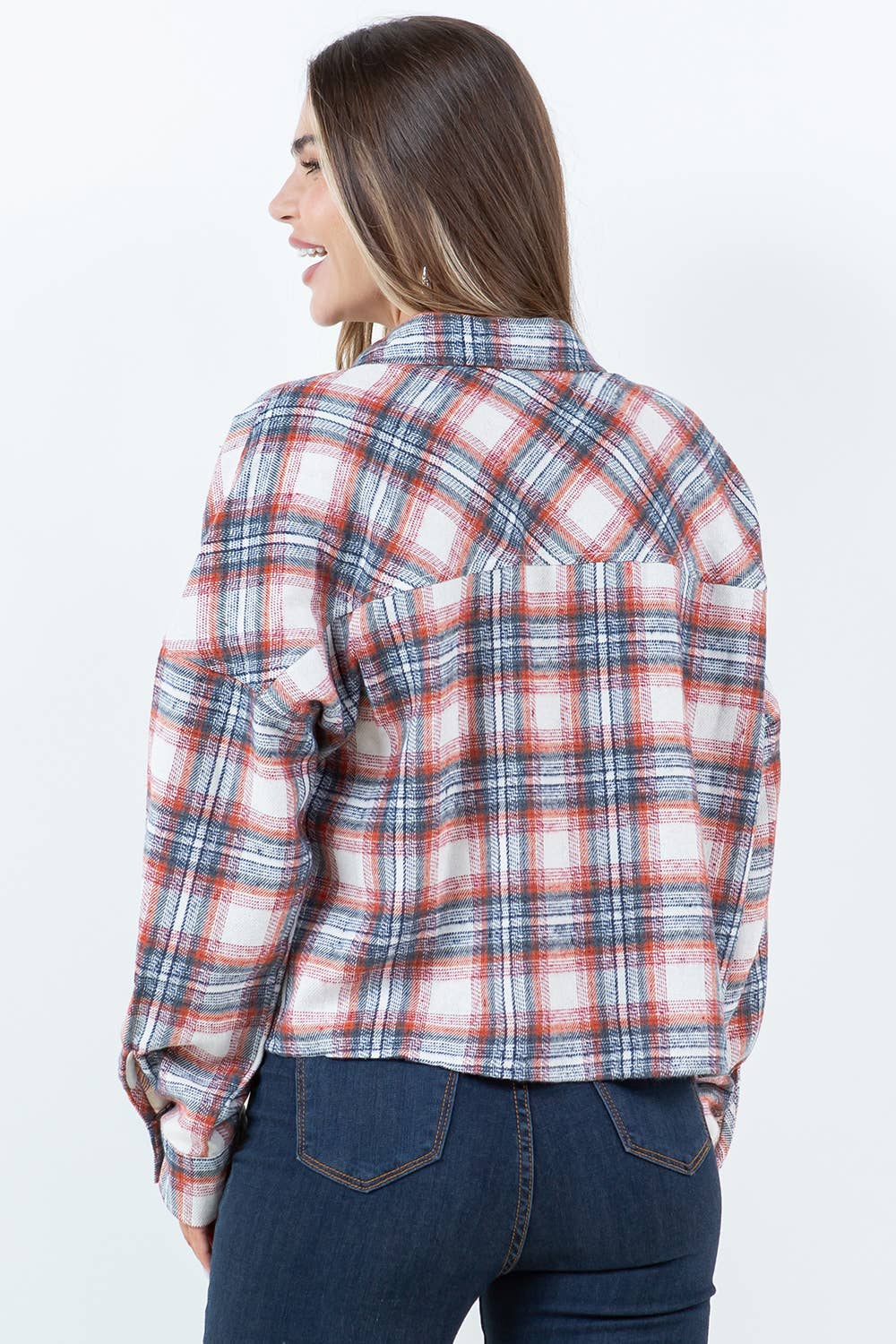 Veracci - Wholesale Button Down Shirt - Women's - Boxy Cropped Long Sleeve Plaid Over Shirt16