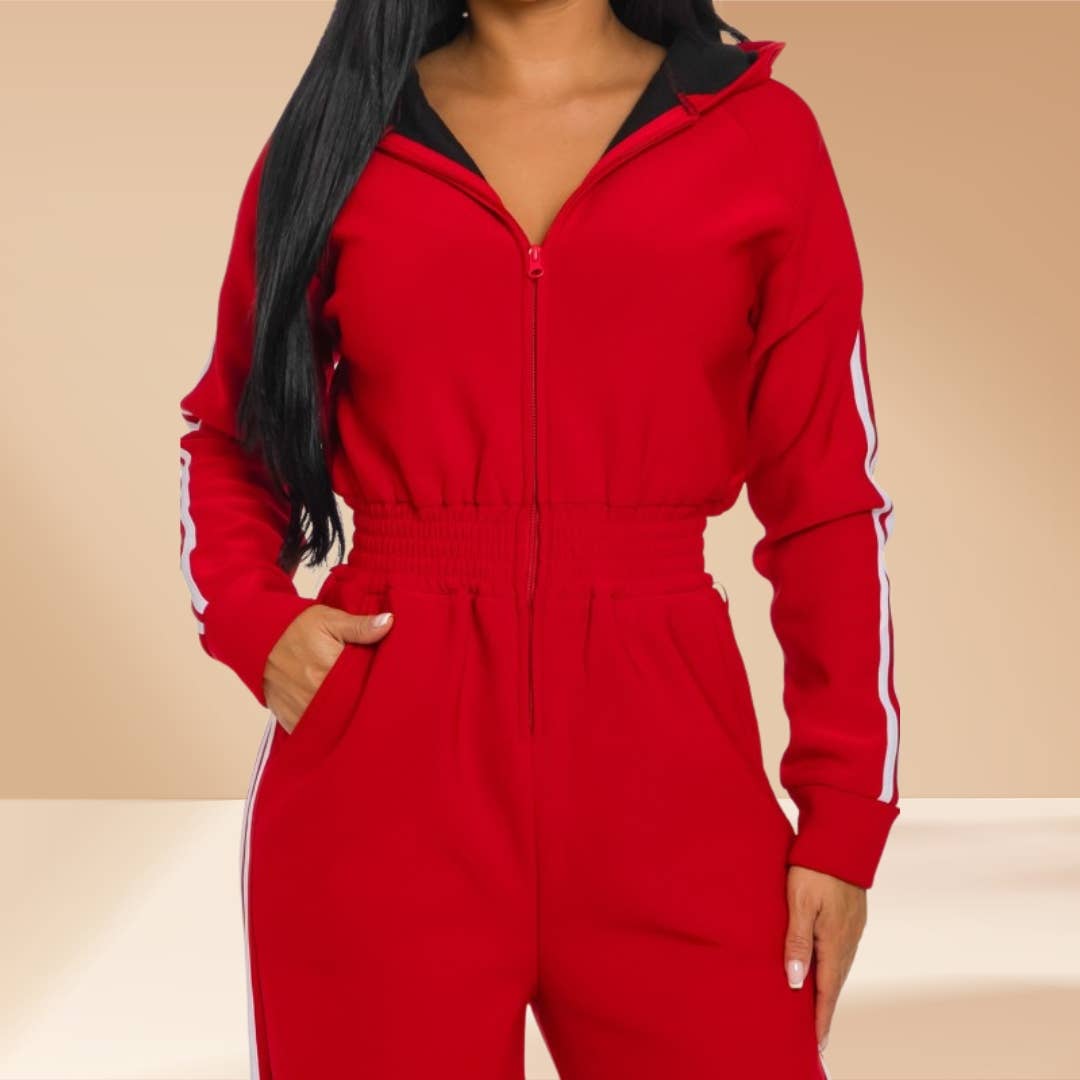 Celystrends - Wholesale Jumpsuit - Women's - Jumpsuit Hooded Lined Fleece Side Stripes 12