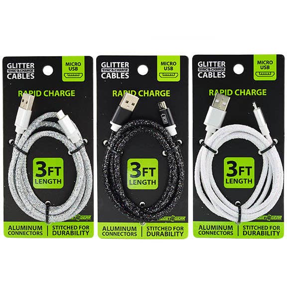 Charging Cable USB to Micro Glitter 3 ft Assortment- 12/Pack for wholesale by Novelty Closeout