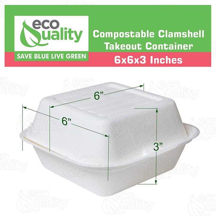 EcoQuality - Wholesale Food Storage Container - Compostable Square Hinged Clamshell 6x6 Food TakeOut Box