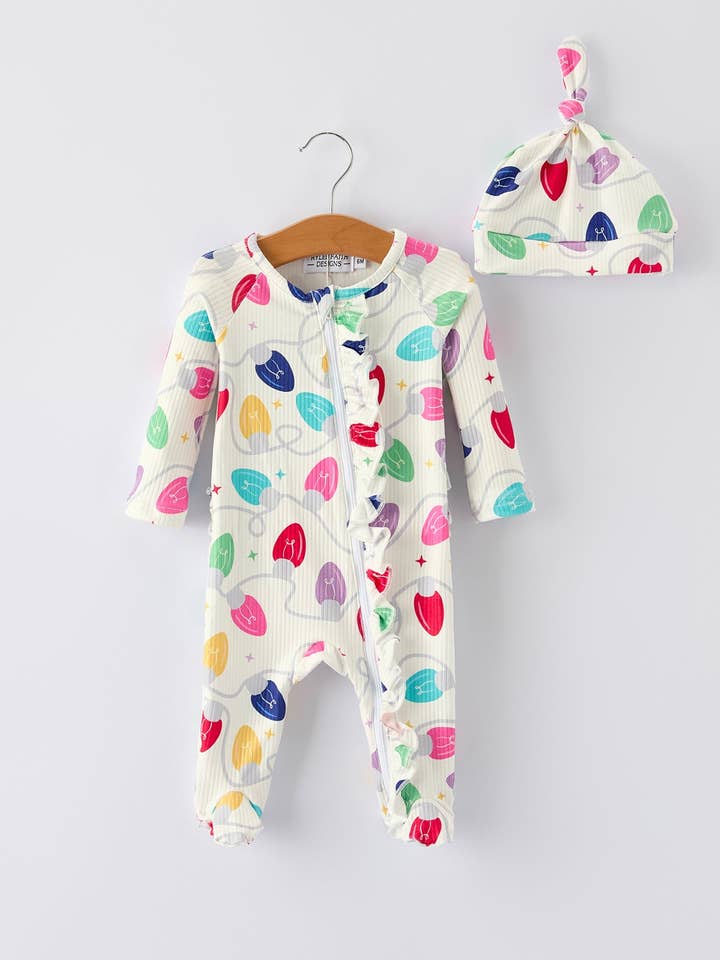 Christmas Colorful Light Bulb Baby Girls Romper with Hat for wholesale by Rylee Faith Designs