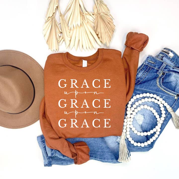 Grace Upon Grace Upon Grace Christian Sweatshirt for wholesale by Faith & Life Christian Brands