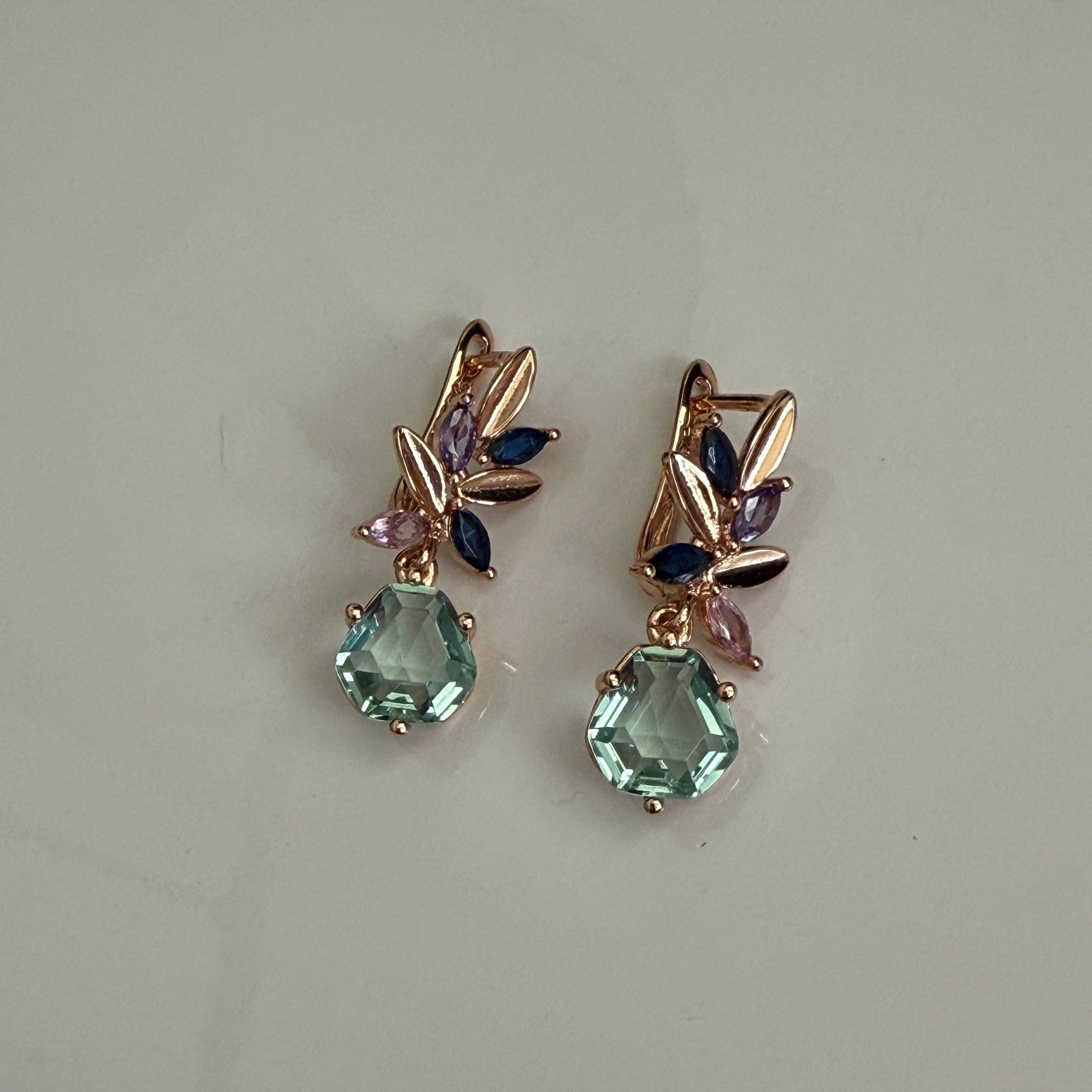 Vinnis Jewelry - Wholesale Jewelry Set - Celestial Bloom Mint Green Crystal Necklace and Earrings Set – Rose Gold Floral Design with Blue and Violet Accents1