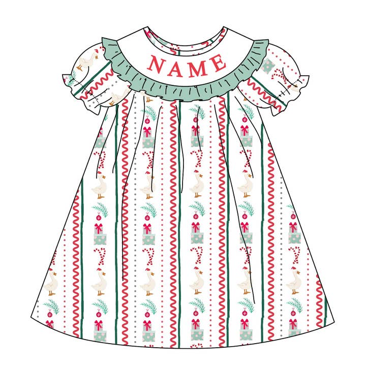 Auraquise - Wholesale Dress - Kids - Girls Christmas Custom Name Embroidery Smock Goose Dress & Bubble