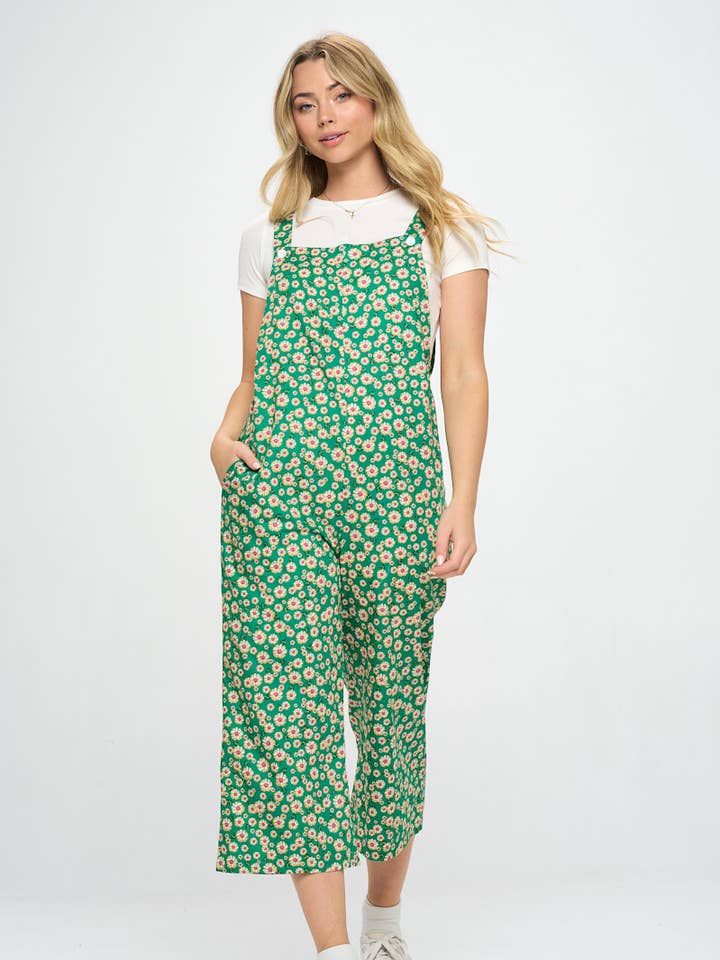 SM WARDROBE - Wholesale Overalls - Women's - GREEN DAISY FLORAL PRINT JUMPSUITS WITH POCKETS OVERALL
