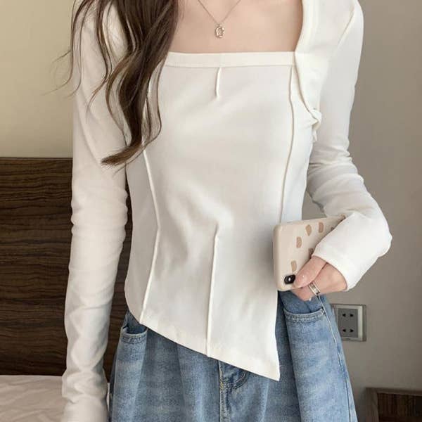 T-shirts et hauts asymétriques à col carré à manches longues fendues sur le devant de couleur unie pour la vente par UZ Wholesale Store