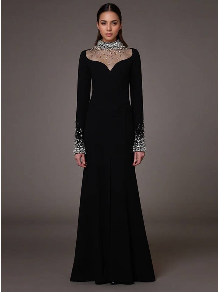 Black DR860Y 2025 Luxury Hand-Beaded Rhinestone Long Evening Dress for wholesale on Faire2