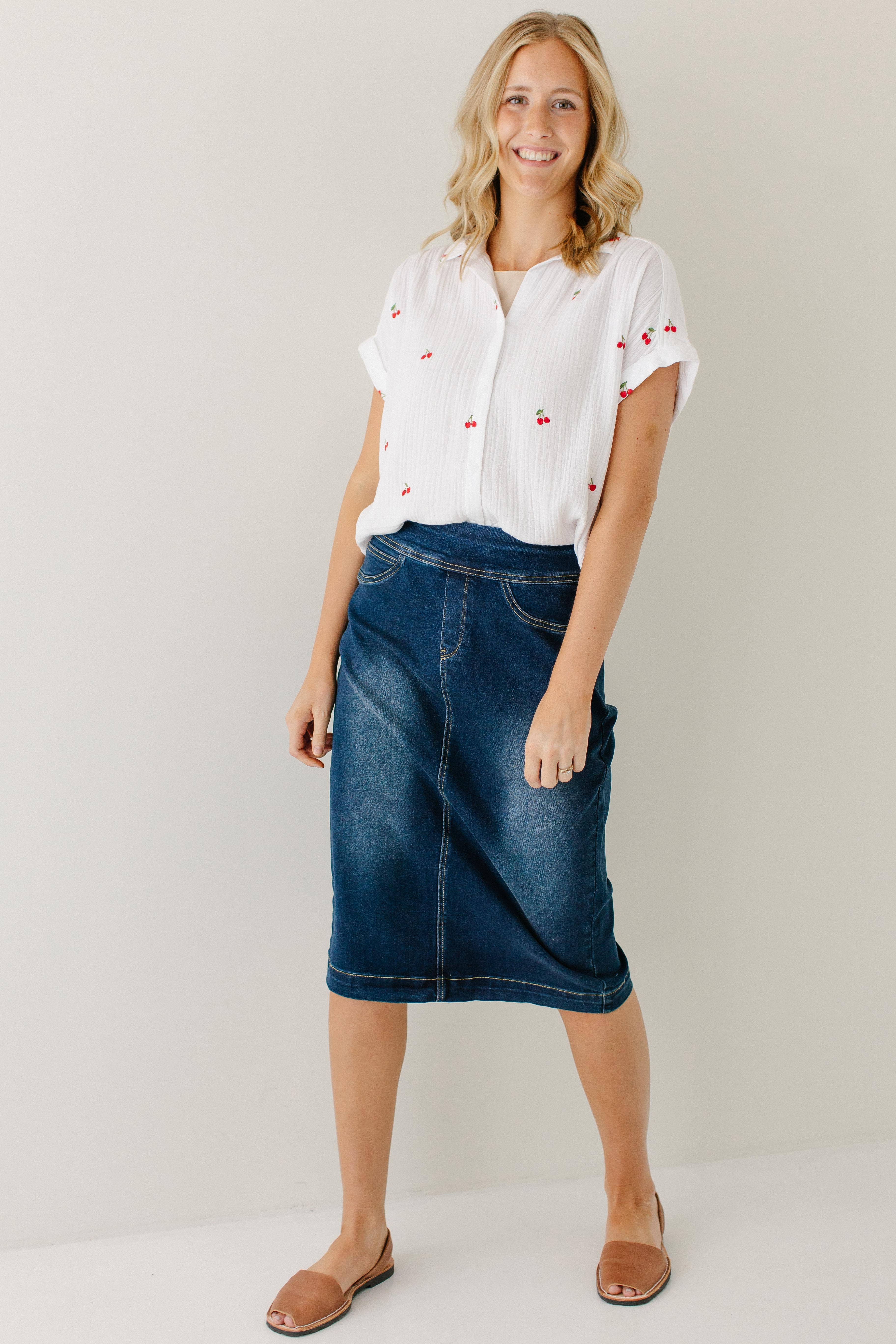 'Sara' Classic Knee Length Dark Denim Skirt for wholesale on Faire13