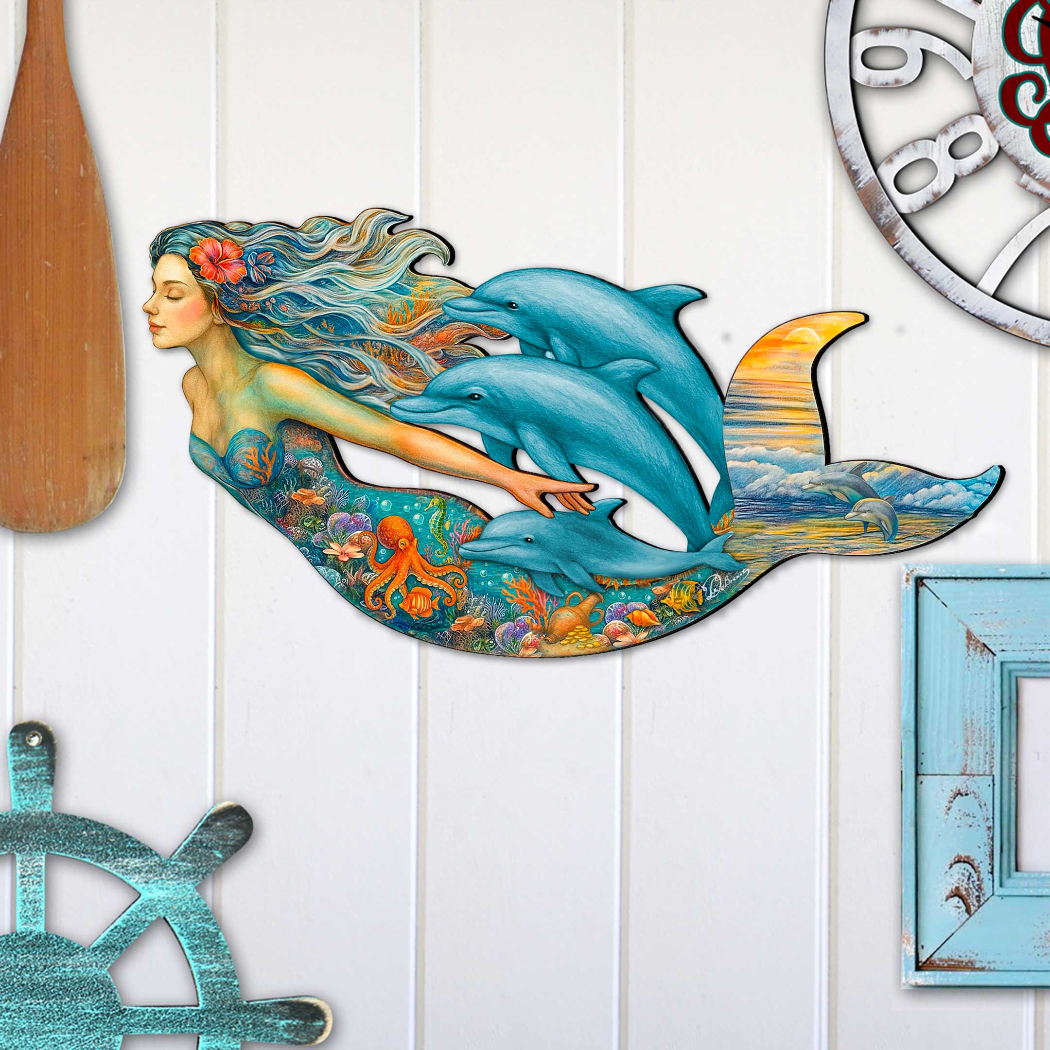 Designocracy - Wholesale Door Hanger - Mermaid & Dolphins Coastal Door Hanger - Handcrafted Ocean Fantasy Art Decor by G. DeBrekht - Coastal Holiday Decor - 81985143H3