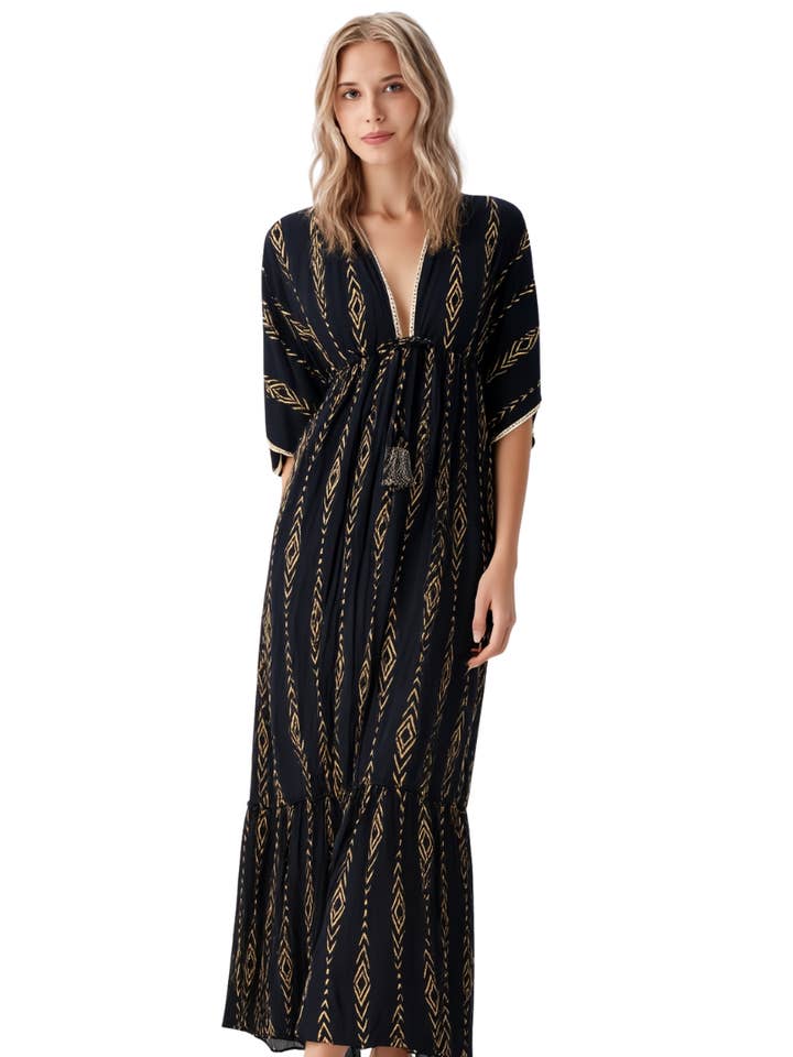 BR25819 BOHO MAXI DRESS WITH A GOLD GEOMETRIC PATTERN ONE SIZE for wholesale by Becky Rose