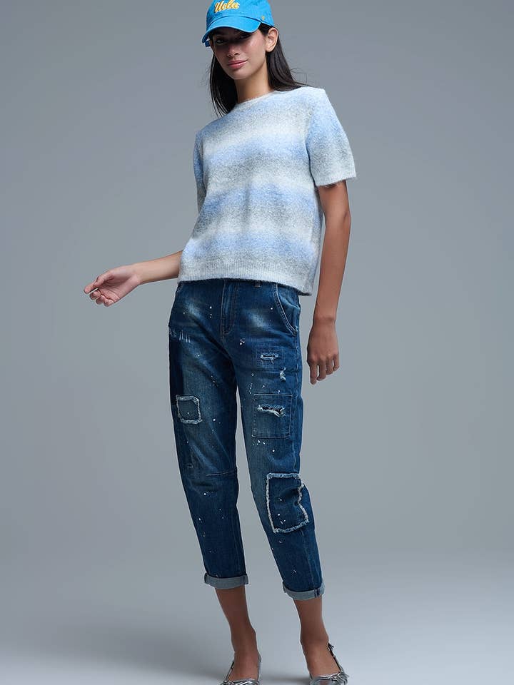 Short Sleeve Ombré Striped Sweater in Blue for wholesale on Faire2