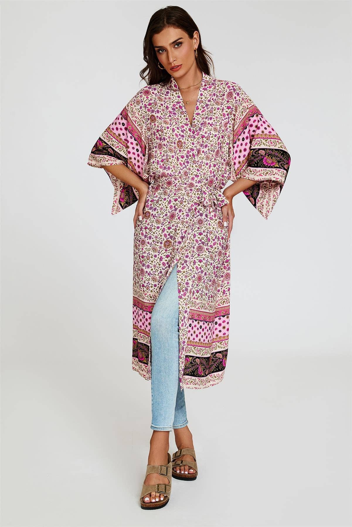 Relaxed Cotton Kimono In Pink for wholesale on Faire4