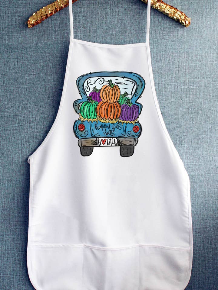 I Love Fall Blue Pumpkin Truck Fall Graphic Kitchen Apron for wholesale by Cali Boutique Wholesale