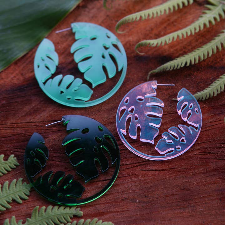 Monstera Filled Hoops - Laser Cut Acrylic Earrings for wholesale by Kaumana Crochet and Crafts