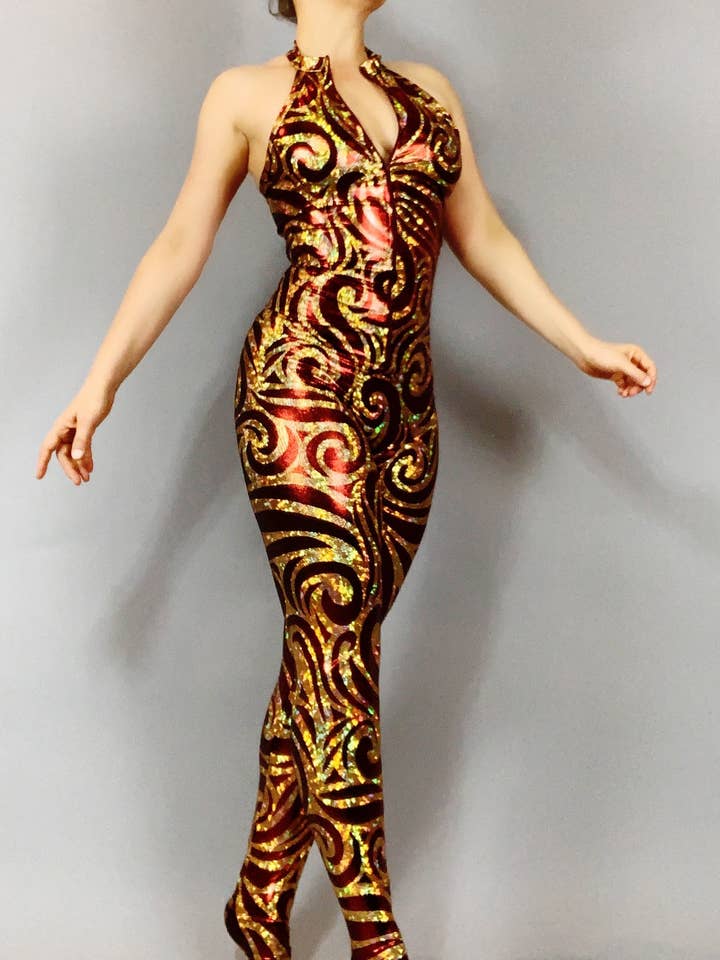 Red and Gold Shiny Catsuit, Open Back, Front Zipper, Sleeveless for wholesale by Kikimora Fashion