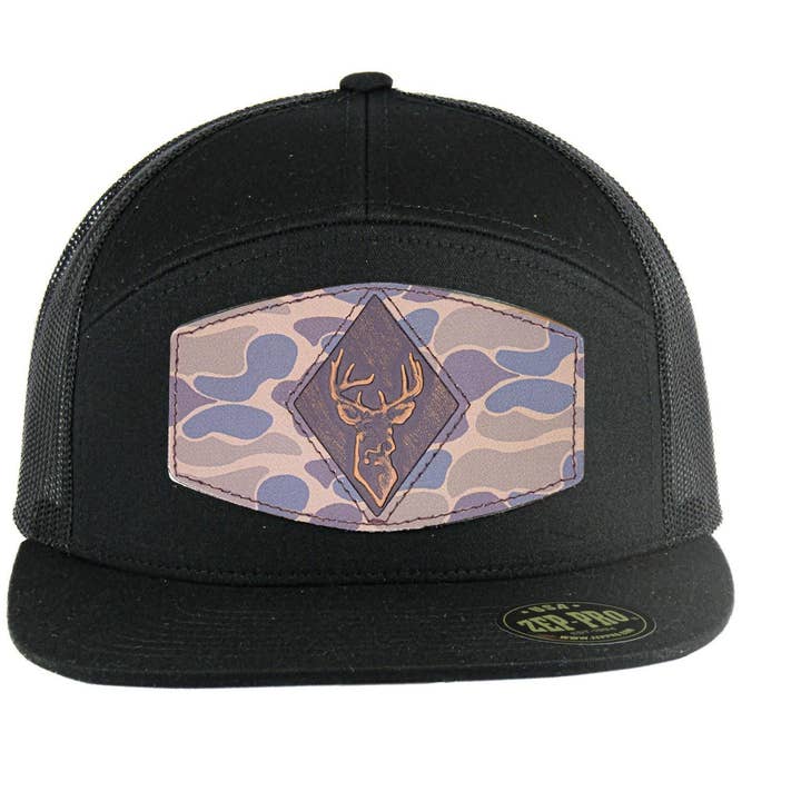 Buck Old School Camo Brown Leather Patch Hat. 7-Panel Modern Flat Bill Cap. Richardson 168 Trucker Snapback Hat. Hand Burnished Leather Patch for wholesale by Zep-Pro