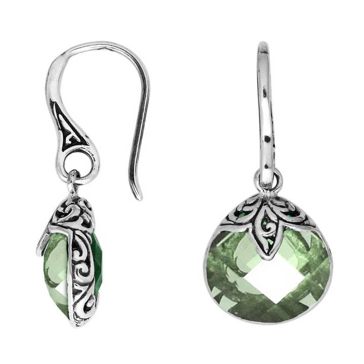 Boucles d'oreilles pendantes rondes en argent sterling avec quartz améthyste verte et fermoir à fil AE-6180-GAM pour la vente par Bali Designs