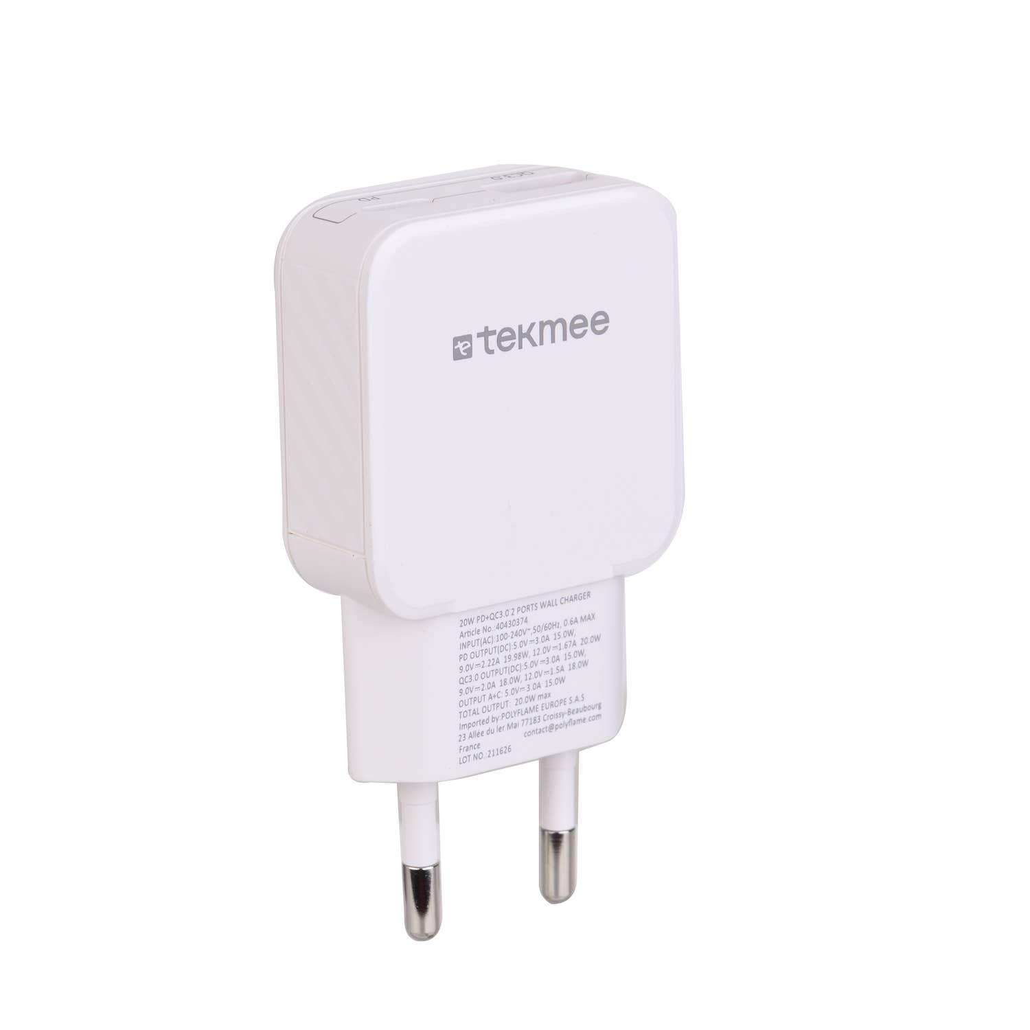 Tekmee - Wholesale Portable Charger - Slim wall charger 2 USB ports & Type C - 20 W6