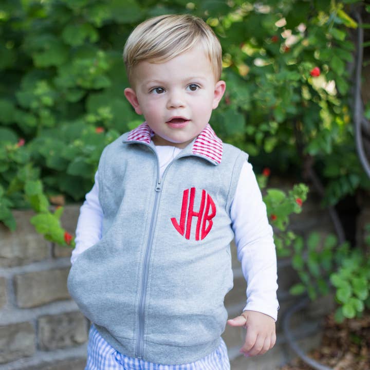 Love That Cotton - Wholesale Outerwear Vest - Kids - Gingham Accent Vest - Grey with Red0