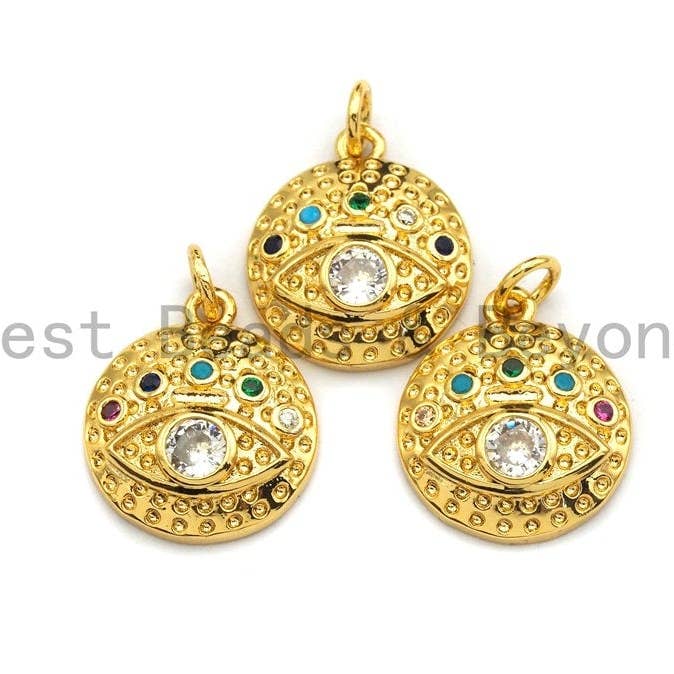 CZ Colorful Micro Pave Round Gold With Evil Eye Coin Pendant, Coin Shaped Pave Pendant, Gold plated, 15x17mm, Sku#F866 for wholesale by BestBeads&Beyond