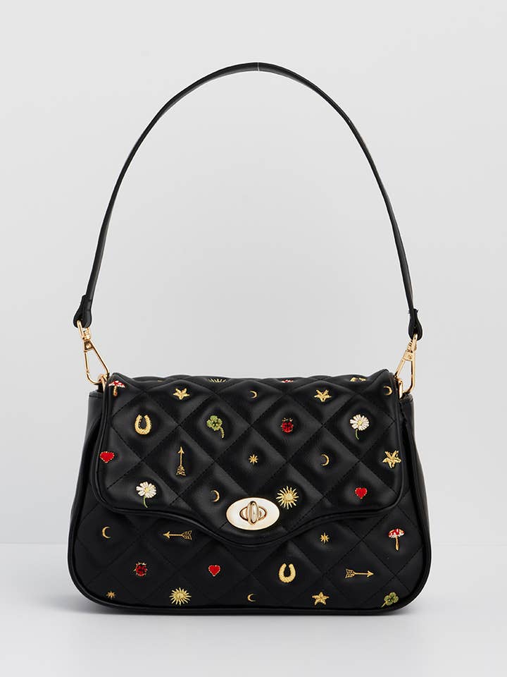 Black Quilted Motif Embroidered Crossbody for wholesale by Fable England