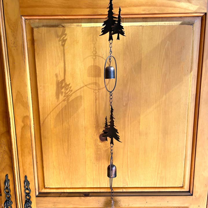 Zeckos - Wholesale Outdoor Ornament/Decor - 70-Inch Metal Rain Chain with 5 Forest Tree Silhouettes & Zen Bells, 3.25-Inch Diameter, Decorative and Functional Downspout Alternative11