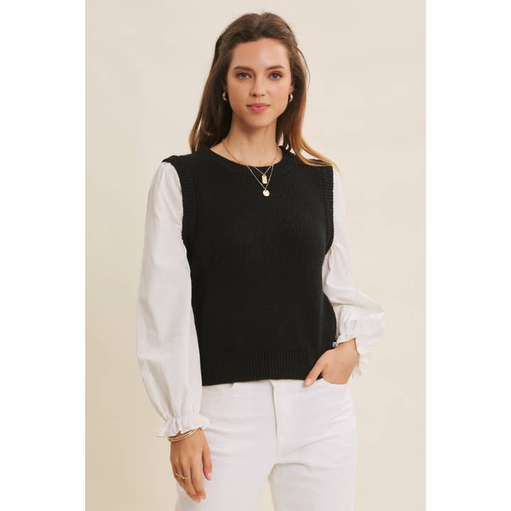in february - Wholesale Knit Sweater - Women's - SWEATER VEST TOP WITH WOVEN PUFF SLEEVES13