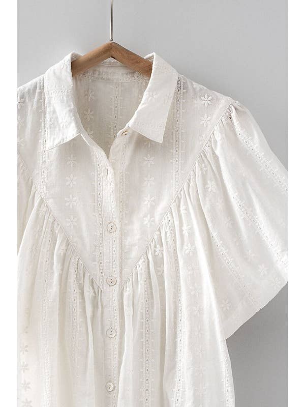 WHITE Floral Eyelet Button-Up with Flutter Sleeves for wholesale on Faire
