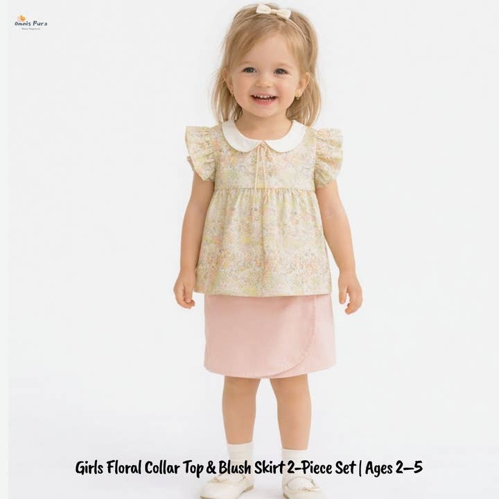 Girls Floral Collar Top & Blush Skirt 2-Piece Set | Ages 2–5 for wholesale by Omnis Pura