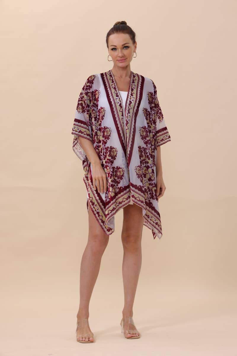 Red Velvet Rose Regal Kimono Cardigan - Sheer & Velvet! for wholesale on Faire