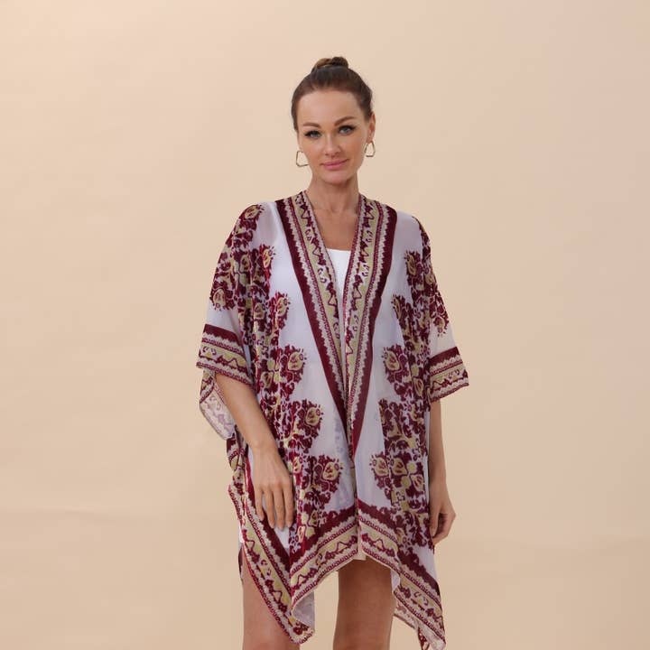 Red Velvet Rose Regal Kimono Cardigan - Sheer & Velvet! for wholesale on Faire0