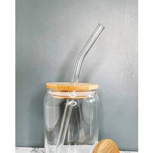 Daily Reminders 16 oz Libbey Glass Beer Can W/Bamboo Lid & Plastic Straw