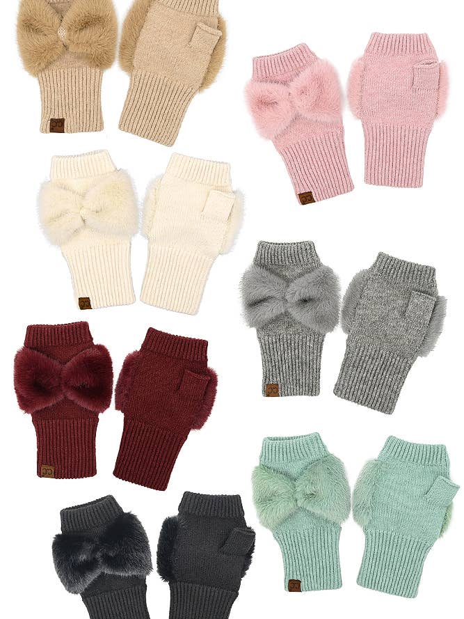 12pairs C.C Faux Fur Bow Fingerless Winter Glove for wholesale by Hana