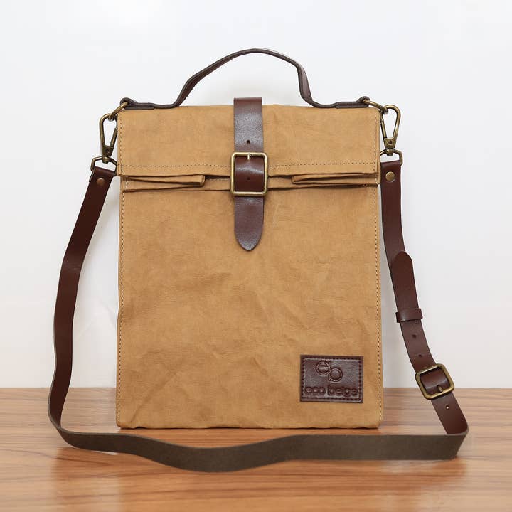 Bolsa de almuerzo tipo mensajero retro de cuero para venta al por mayor de Eco Beige