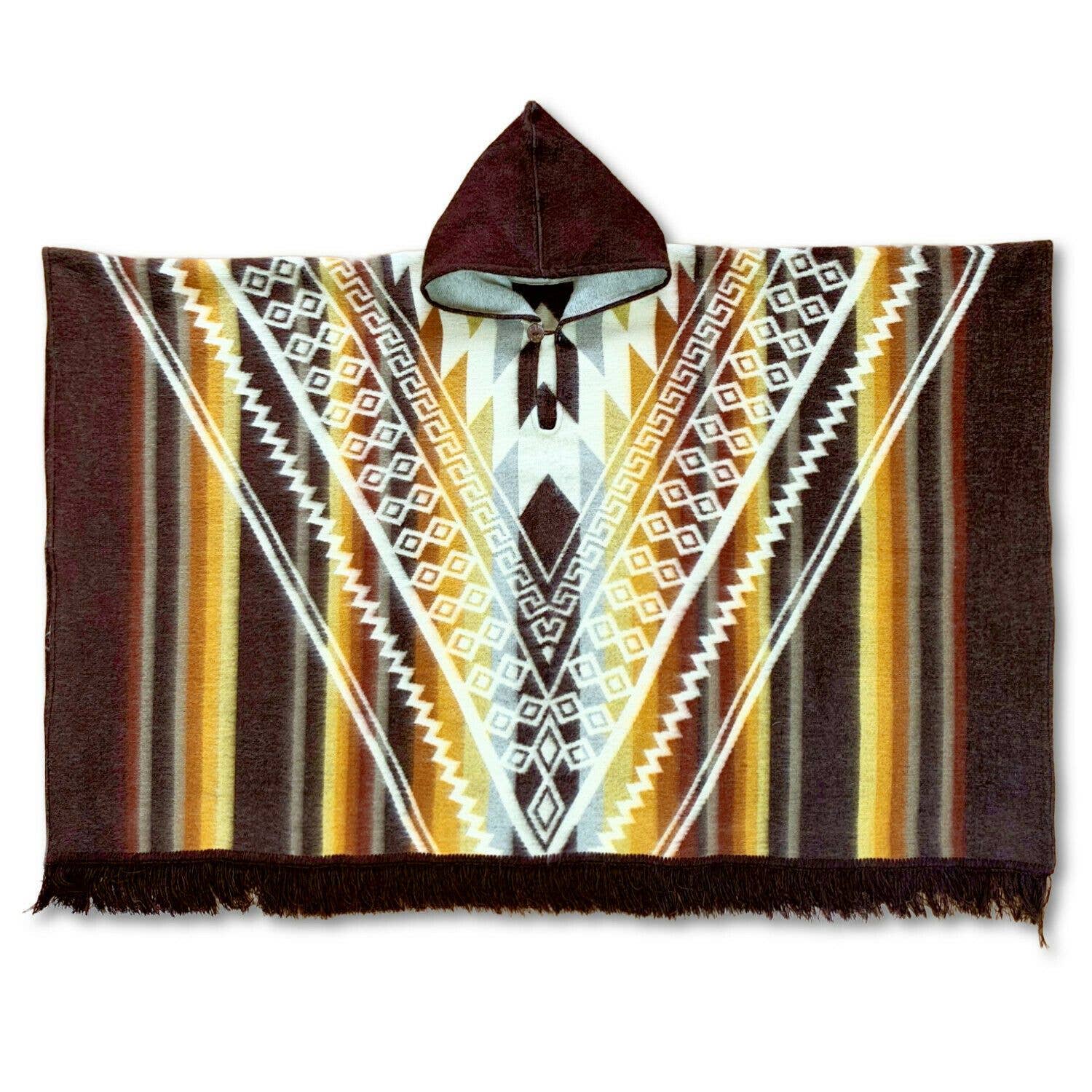 ECUALAMA – Engroshandel Poncho - Unisex – Alpaca uld Hætteklædte Unisex Poncho XXL - Aztec mønster - BRUN6