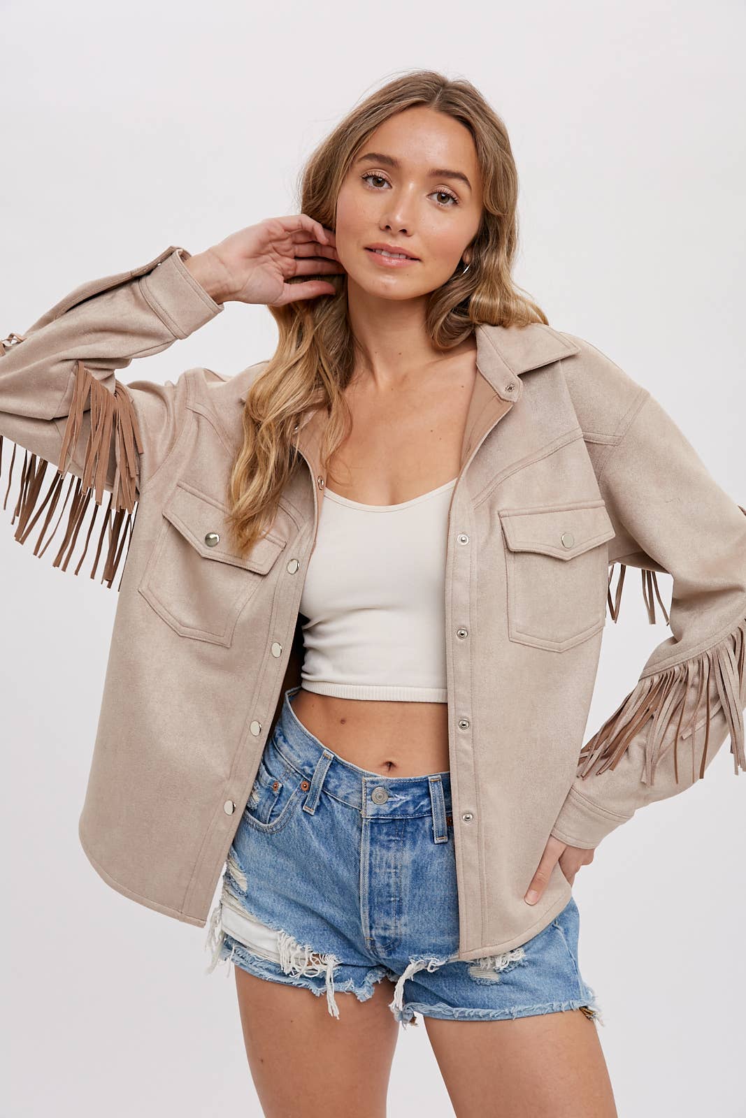 Bluivy - Wholesale Shirt Jacket/Shacket - Women's - VEGAN SUEDE FRINGED SHACKET2